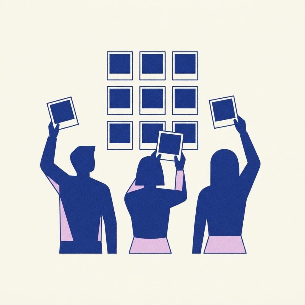 Retro illustration of three people adding photos to a shared grid